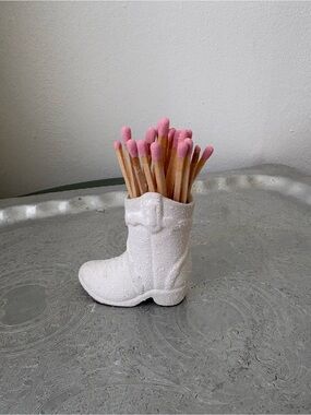 White Cowboy Boot Matchstick Holder with Pink Matches